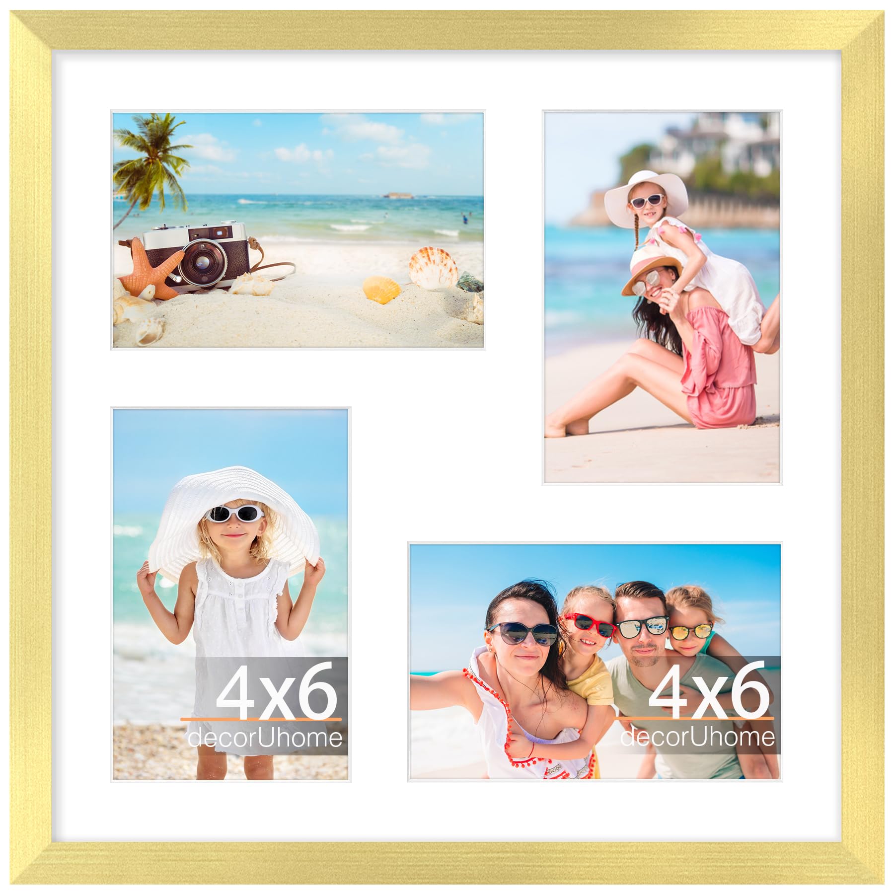 decorUhome 12x12 Picture Frames Collage Wall Decor, Display 4Pcs 4x6 Photos with Mat or 1Pcs 12x12 Unmatted, 4 4x6 Collage Picture Frames for Wall Mounting, Gold