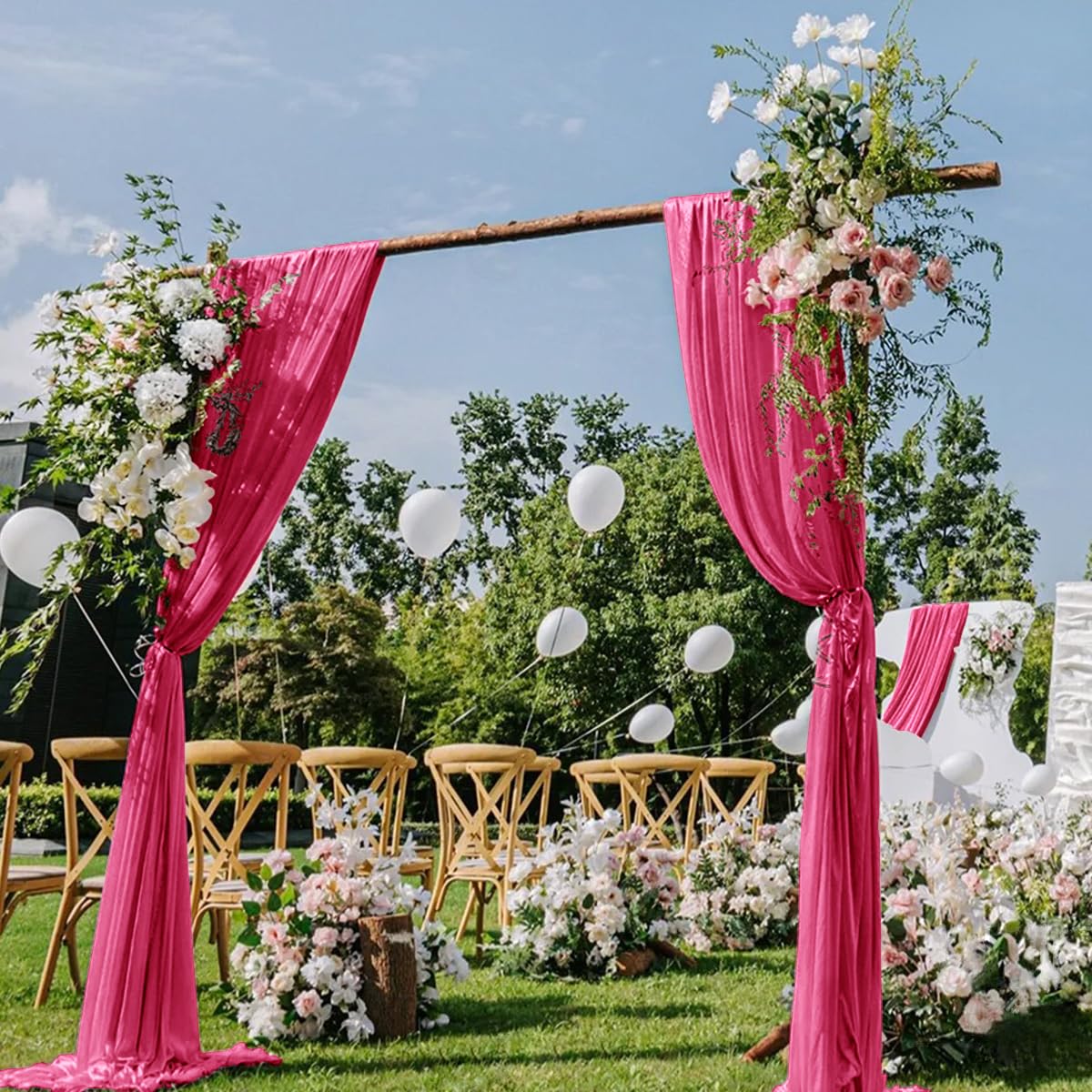 Photo 1 of DeZerlor Hot Pink Wedding Arch Draping Fabric 2 Panels 29" x 20 FT Wedding Drapes for Backdrop Sheer Curtains Drapes for Romantic Bridal Baby Shower Ceremony Birthday Party Fall Outdoor Events