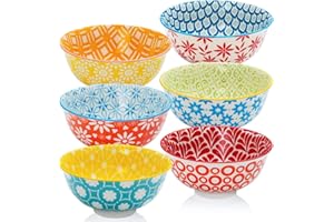 AntoKueh 25 OZ Colorful Large Ceramic Bowl Set of 6，6 inch Deep Porcelain Cereal Bowls for Salad, Soup, Snack and Rice,Dishwa