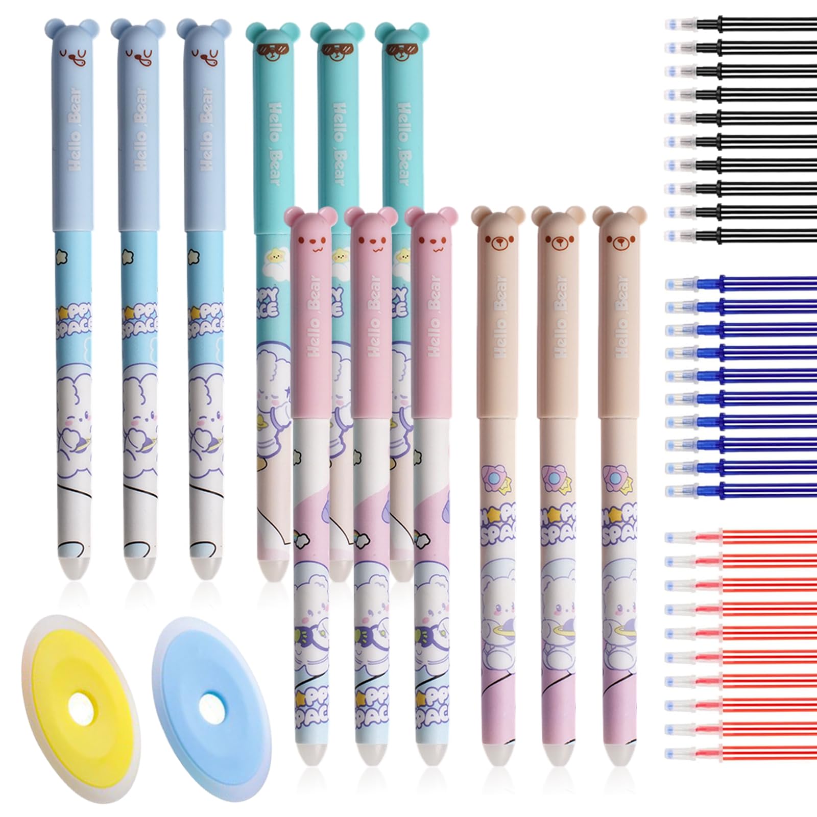 HOMEJOY 12 Pcs Erasable Pens 0.5mm Erasable Gel ink Pens Cute Stationary Set with 30 Refills and 2 Rubbers for Kids Adult School Office Supplies (B)