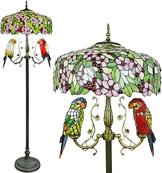 Pastoral Reading Floor Lamp Tiffany Style Stained Glass Victorian 2 Lights Parrot Lampshade In 65 Inch Tall Antique Resin Base For Bedroom Living Room A Amazon Com