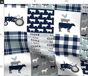 Spoonflower Fabric - Farm Life Tractor Wholecloth Patchwork Navy Dusty Blue Farming Quilt Printed on Petal Signature Cotton Fabric by The Yard - Sewing Quilting Apparel Crafts Decor