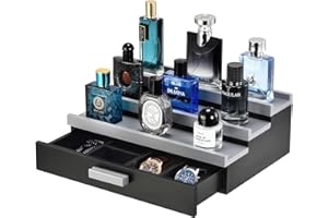 GLOKUUCA Perfume Organizer for Men, 3 Tier Wood Perfume Display Stand with Velvet Lining Drawer and Hidden Compartment for Watch,Jewelry,Perfume Display Risers,A Gift for Men (Black+Gray)