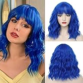 CLIONE Dark Blue Wigs for Women Cosplay Wig Short Wavy Bob Wigs Women Girl's Synthetic Wig Blue Wig with Bangs Shoulder Length Natural Wavy Colored Wigs For Daily Party Use Halloween Costume Wigs 14”