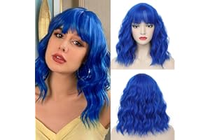 CLIONE Dark Blue Wigs for Women Cosplay Wig Short Wavy Bob Wigs Women Girl's Synthetic Wig Blue Wig with Bangs Shoulder Length Natural Wavy Colored Wigs For Daily Party Use Halloween Costume Wigs 14”