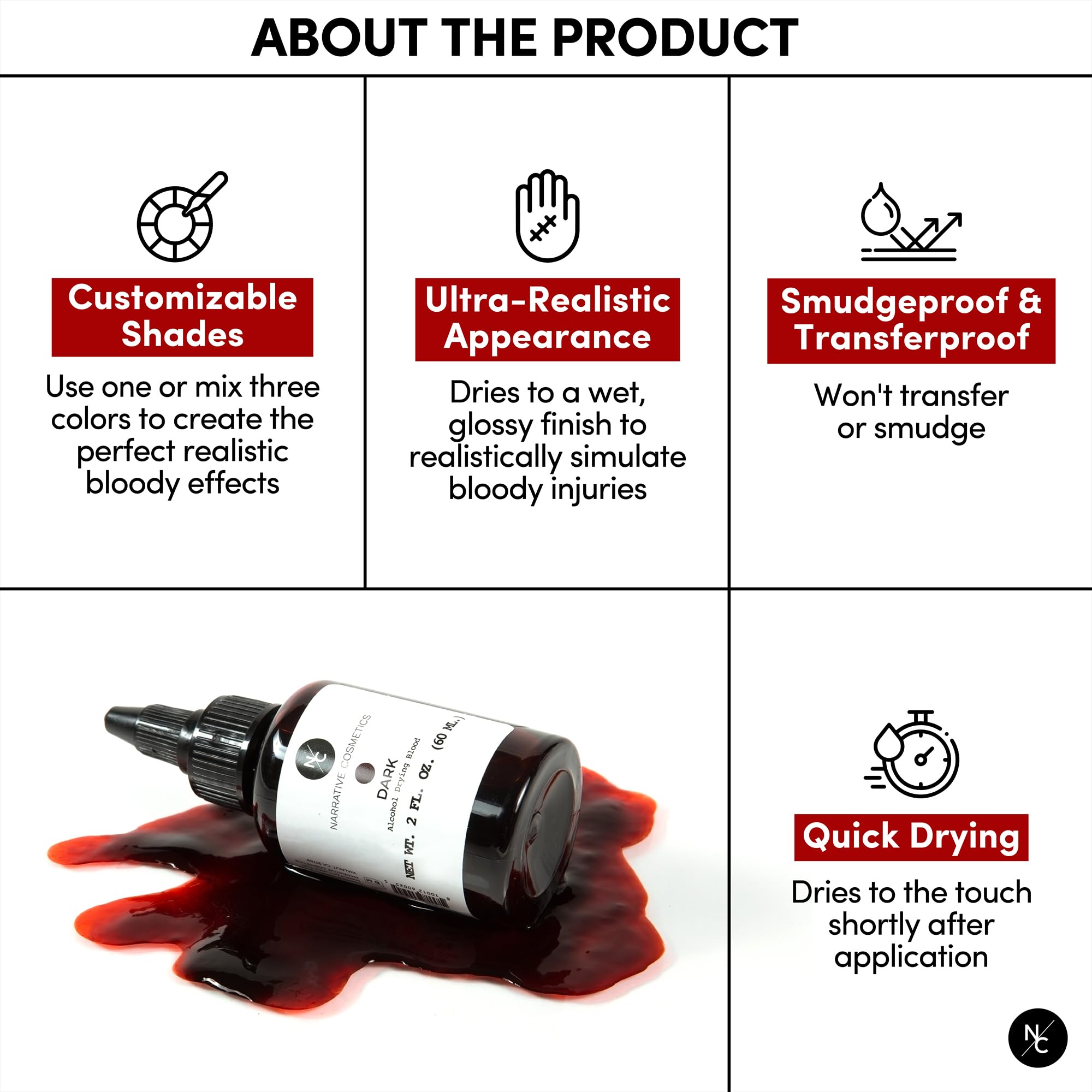 Alcohol Drying Blood, Ultra-Realistic Fake Liquid Blood, SFX Makeup for the Stage, Film, Halloween, and Cosplay - Fresh 2oz