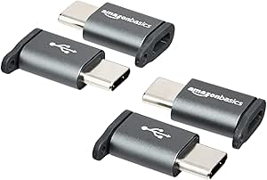 Amazon Basics Aluminum Micro USB (Female) to USB-C (Male) Adapter with Keychain - Gray, 4-Pack