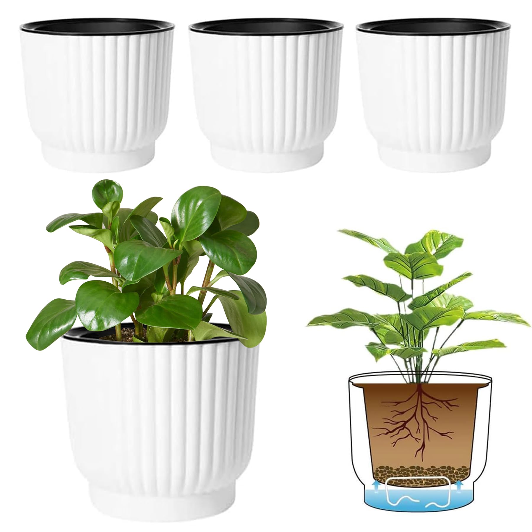 Photo 1 of ***MINOR DAMAGE*** ***MISSING ONE*** T4U 7 Inch Self Watering Pots for Indoor Plants, 4 Pack Plant Pots, Self Watering Planter for Indoor Plants, Durable Plastic Pots (4 Pack, 7", White)
