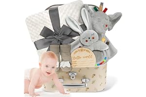 WECOOL Baby Gift Basket, Newborn Baby Boy Gift Basket, Multiple Pieces Newborn Essentials for New Baby Gifts Basket Set with Baby Blanket, Baby Bunny Rattle, Keepsake Milestone, Elephant Toy, Baby Socks