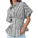 Tankaneo Womens Striped Peplum Button Down Shirts Short Sleeve Pleated Tops Summer Business Casual Blouses
