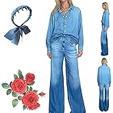 Women’s Denim Pajama Set Lounge Wear with Wide-Leg Jean Pants & Cozy Button-Down Top Relaxed Soft Stretch Sleepwear