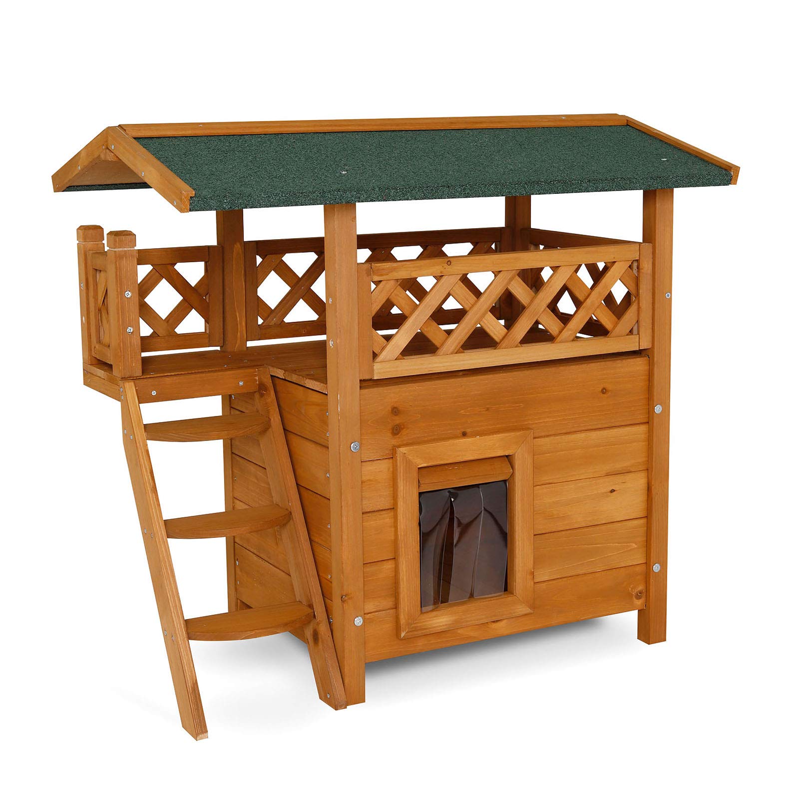 lionto Dibea Lodge Cat House (Wood, 77 x 50 x 73 cm) with Terrace and Stairs