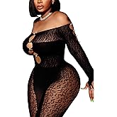 Avidlove Women Lingeries Long Sleeve Fishnet Body Stocking Leopard Sexy Outfit Rhinestone Body Suits Cut Out Jumpsuit