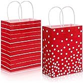 Funrous 40 Pcs Valentines Day Gift Bags with Handle, Red White Goodie Favor Paper Bags Bulk Polka Dot Stripe for New Year Birthday Wedding Baby Shower Table Supplies Decoration