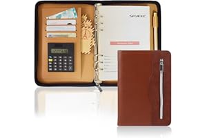 SAYEEC A5 Multifunctional Zippered Notebook Travel Notebook Business 6Ring Binder Meeting Folder Loose leaf Notepad with Calculator Pen Holder for Men Women