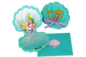 OurWarm 24pcs Mermaid Party Invitations, 3D Pearlescent Mermaid Birthday Party Supplies with Envelopes for Kids Girls Birthday Wedding Baby Shower Pool Mermaid Themed Party Supplies
