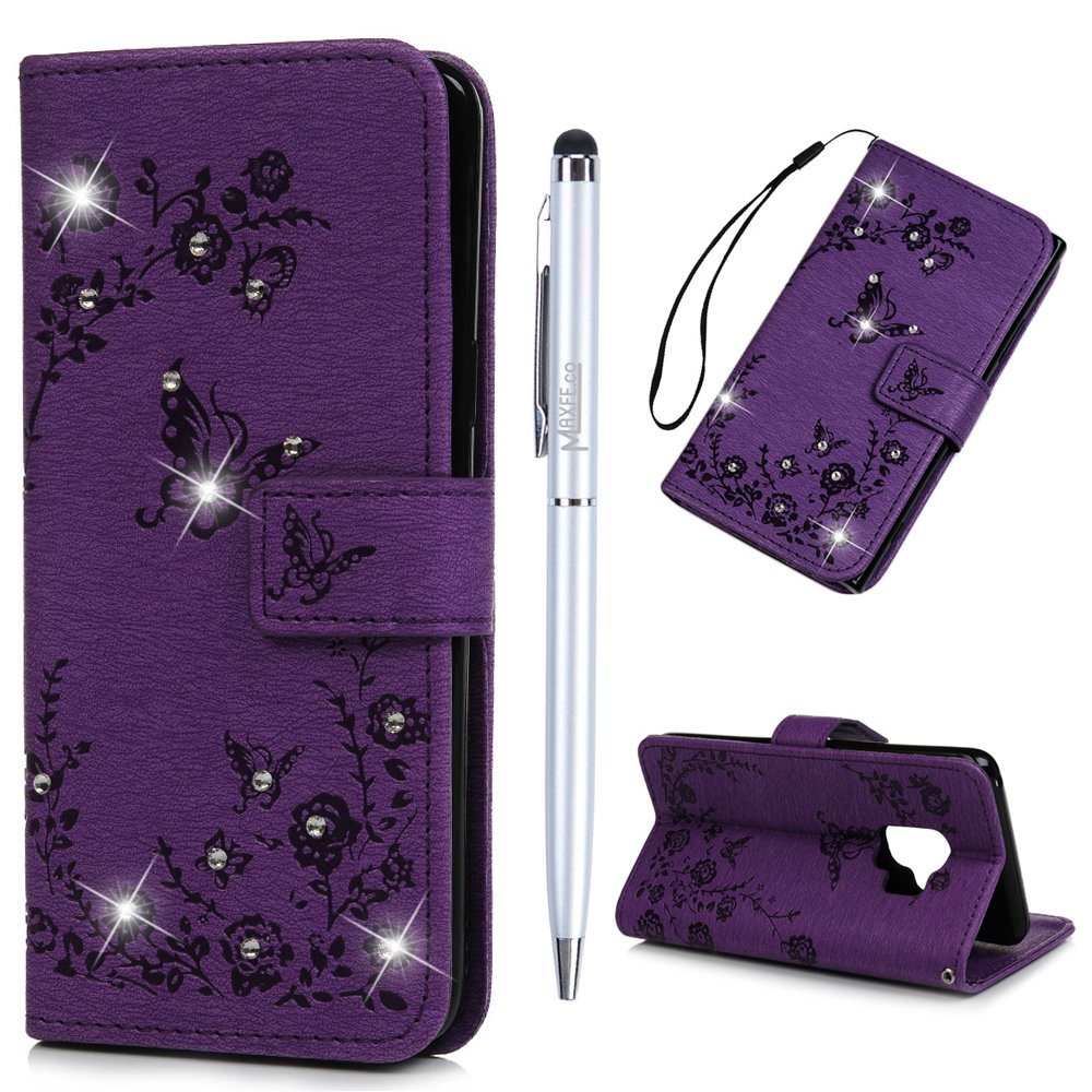 Maxfe.co for Samsung Galaxy S9 Case Shockproof Floral Butterfly PU Leather Wallet Flip Magnet Case Cover for Samsung Galaxy S9 with Card Slots Built-in Kickstand +Touch Pen Purple