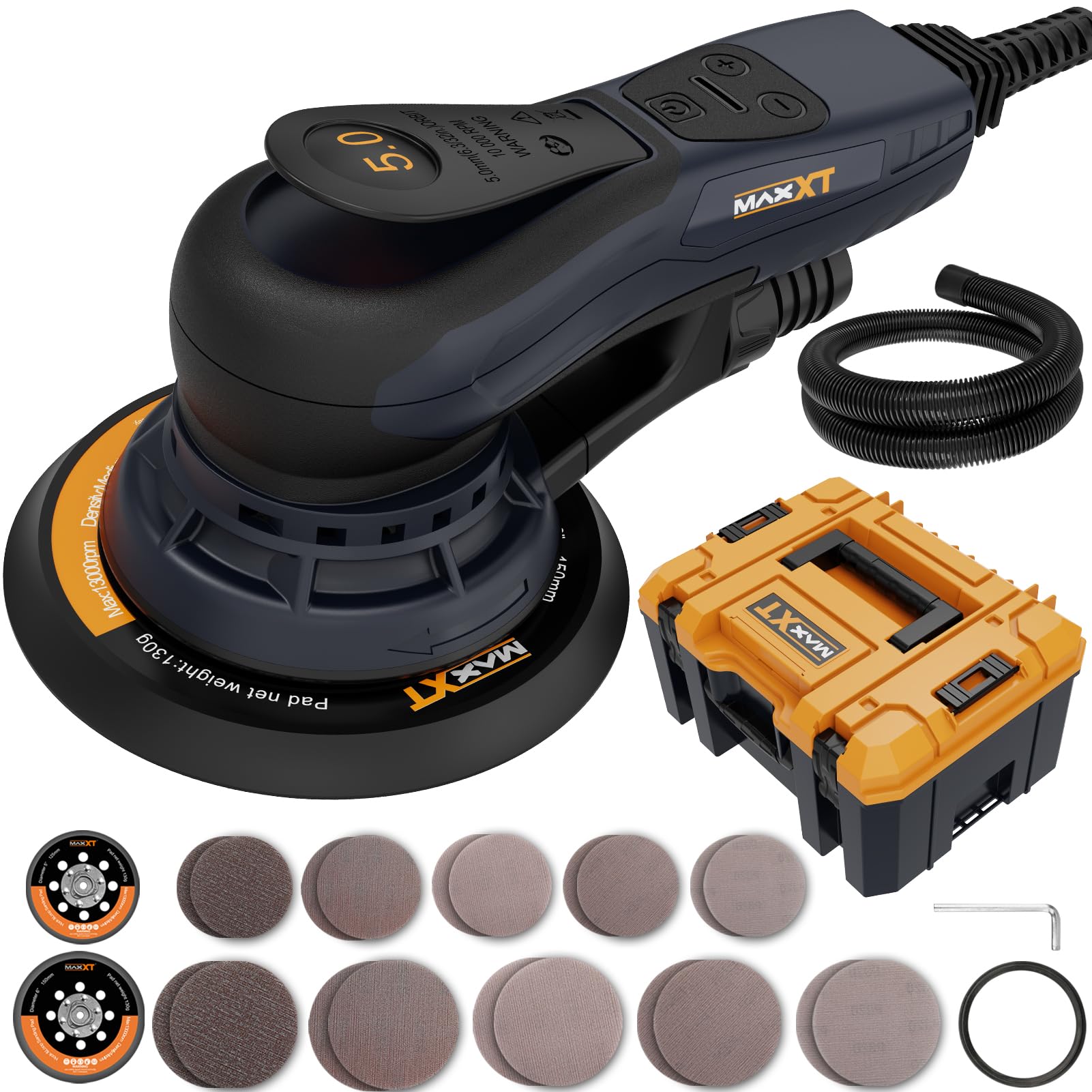 MAXXT Brushless Electric 5mm Orbital Sander, Plastic Molded Box, Palm Sander with Brushless Motor, 150mm & 125mm Sanding Pads, Central Vacuum, for Custom Woodworking, Primary Wood and Panel Processing