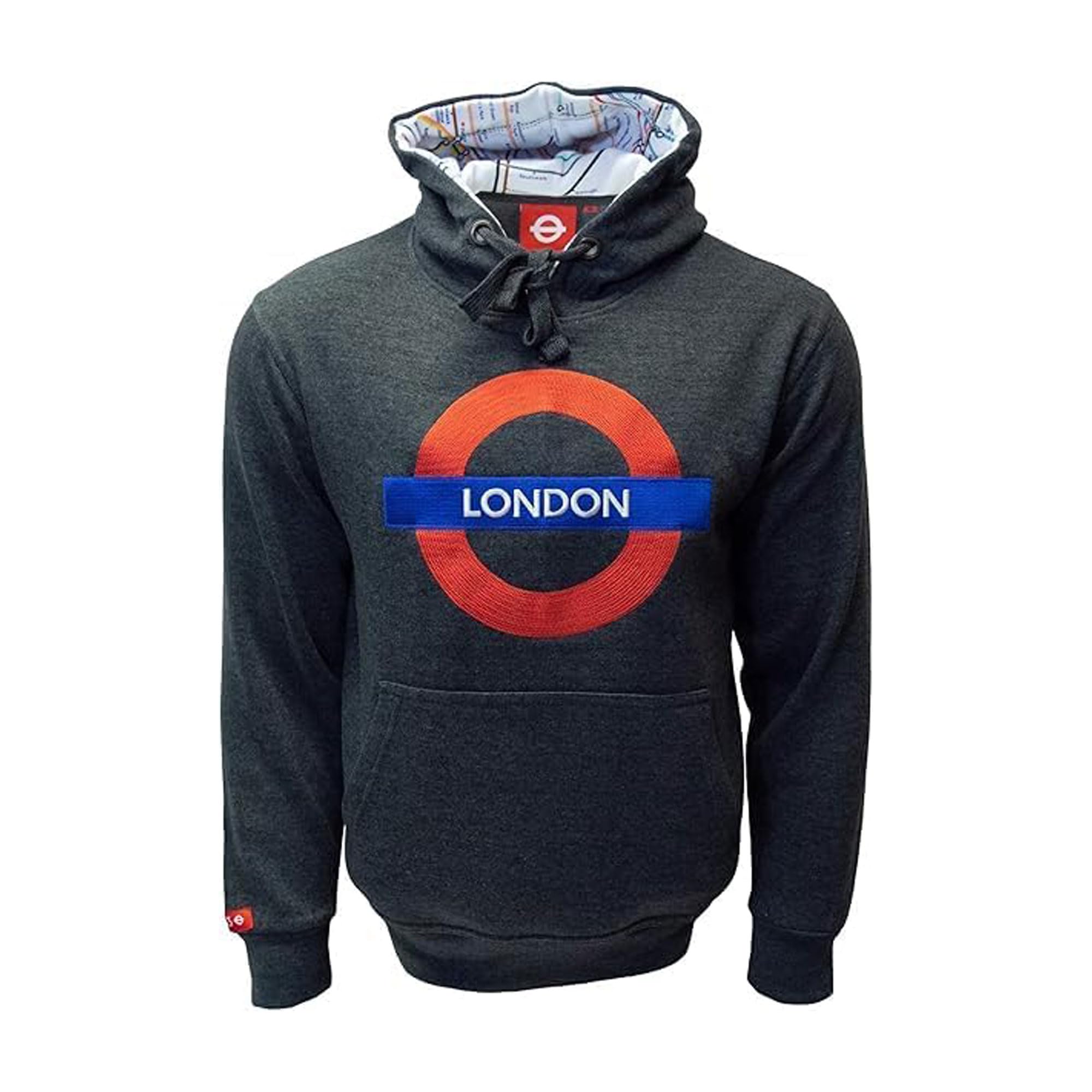 British Heritage Brands TFL129 Licensed Unisex London Roundel Chain Stitch Embroidery Hooded Sweatshirt (2XL) Charcoal
