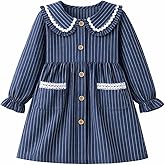 HILEELANG Girl Fall Dress Cotton Striped Long Sleeve Button Front Peter Pan Collar Lace Pockets Chirstmas Holiday Dress18M-6Y