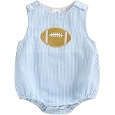 Eurvoku Newborn Baby Boy Football Outfit Rugby Embroidery Sleeveless Bubble Romper Seersucker Stripe Bodysuit Summer Clothes