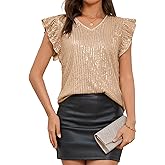 Sequin Tops for Women Short Sleeve Ruffle V Neck Sparkle Top Glitter Evening Cocktail Club Party Shirt