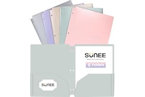 SUNEE 3 Hole Pocket Folders (6 Pack, Pastel Color), Plastic Pocket Folders for 3 Ring Binder, 3-Hole Punched Folder with Pockets, for Kids, Students, Teachers, Office Staff