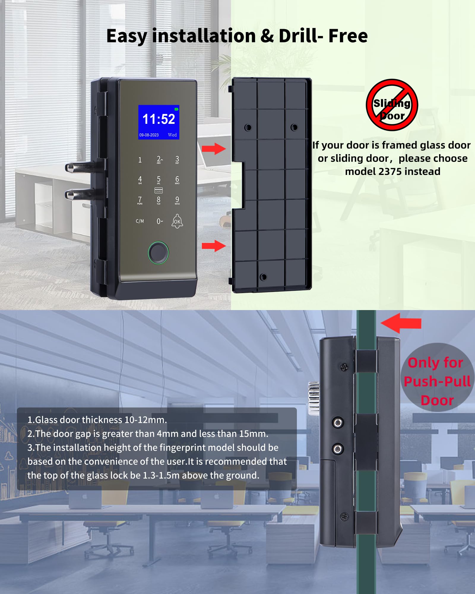 Perfiware Smart Glass Door Lock,Fingerprint Keyboard Remote Pin LG2315 with App Glass Door Locks,Drill-Free Door Lock Security,Great for Office,Home,Hotel,Apartment,Store