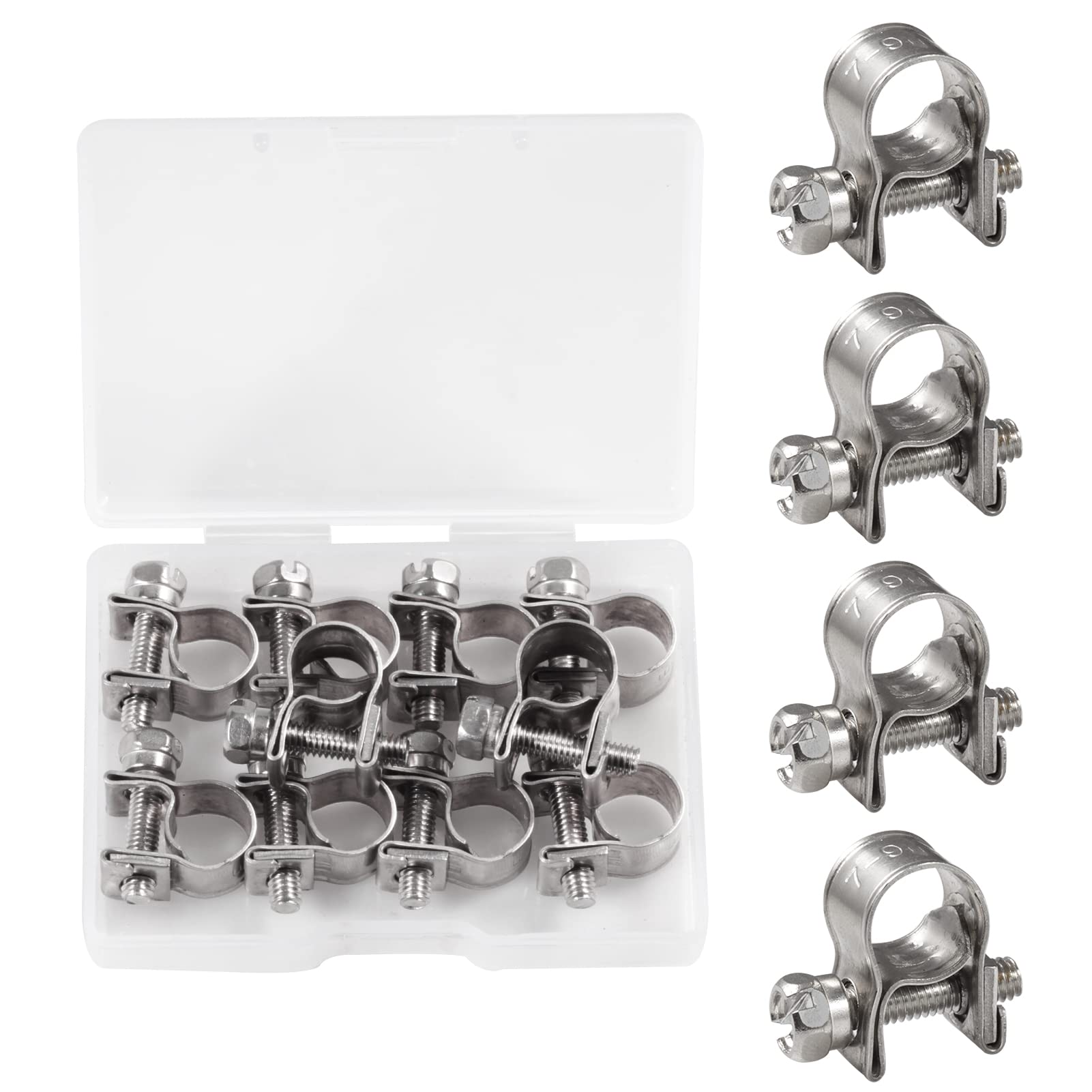 SPEEDWOX 10 Pcs Mini Fuel Injection Hose Clamps 304 Stainless Steel Adjustable Pipe Hose Clip Tube Clamps Set with Storage Box for Diesel Petrol Pipe Automotive Plumbing (7-9mm)