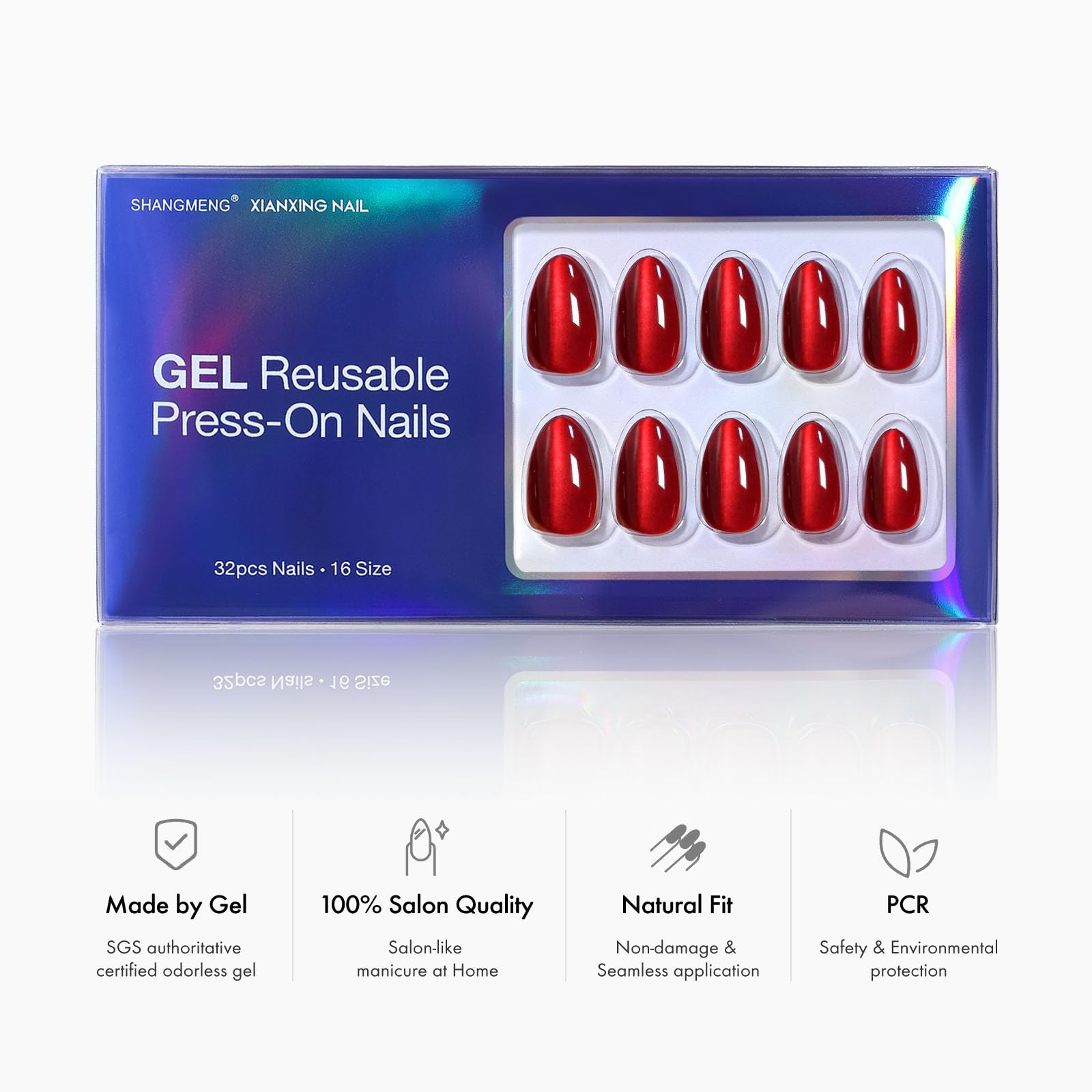 SHANGMENG Cat Eye Press on Nails Almond - Soft Gel Red Press on Nails Short for Women Gift, Fit Perfectly & Natural Stick on Nails with Glue in 16 Sizes - 32 Reusable Fake Nails, Wine Red - Image 4