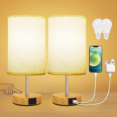Suright Bedside Lamps Set of 2 with USB A and USB C Ports, 3-Way Dimmable Touch