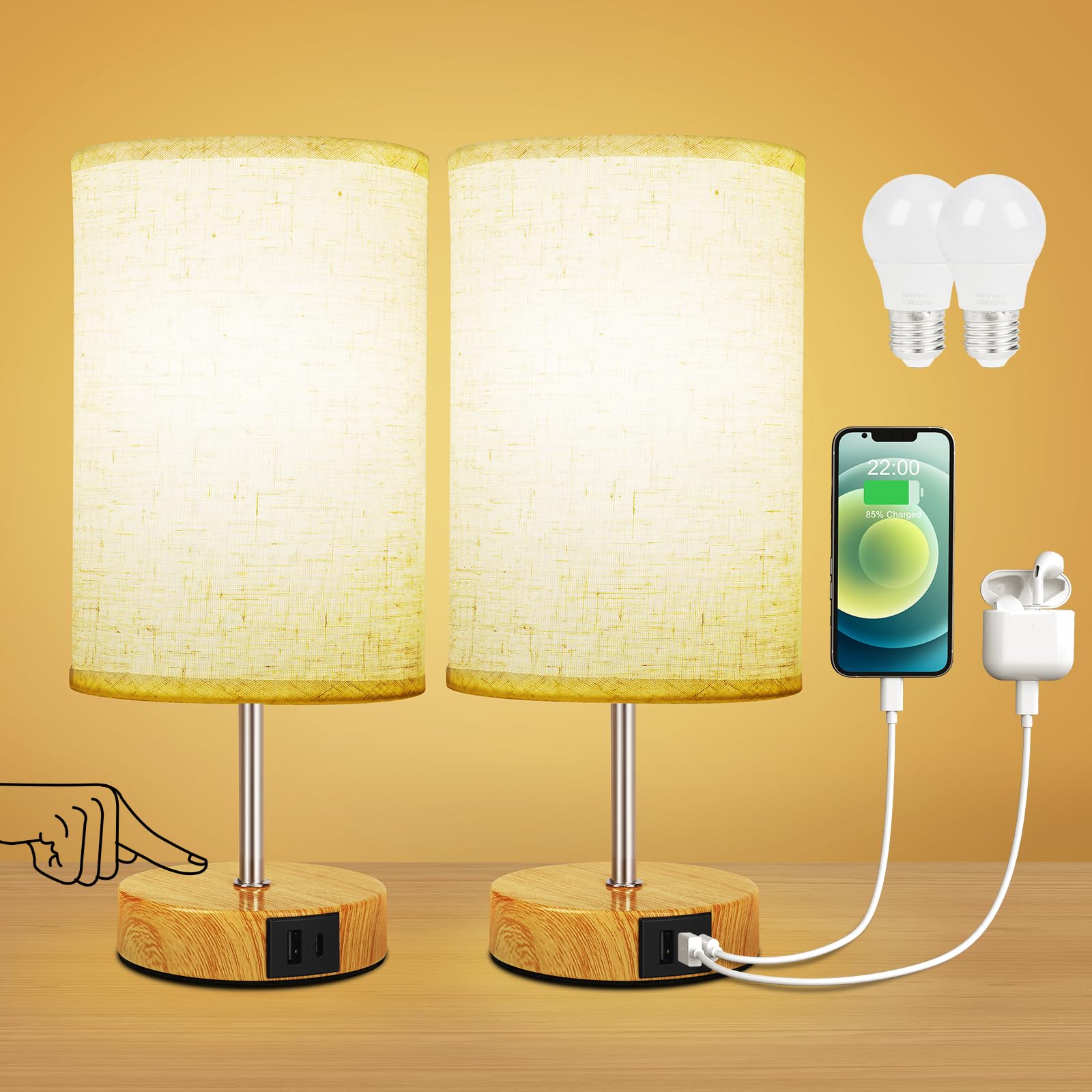Suright Bedside Lamps Set of 2, Touch Lamps Bedside with USB A+C Charging Ports, 3-Way Dimmable Table Lamp with Linen Fabric Shade, Small Table Lamp for Bedroom Living Room (LED Bulb Included)