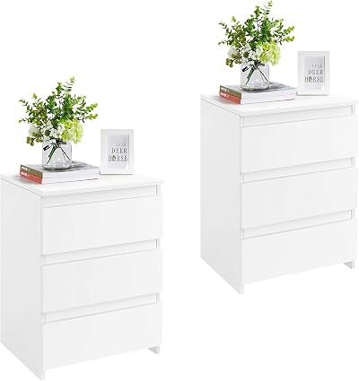 Yaheetech 2-Piece Bedside Tables with 3 Drawers White MDF Nightstands