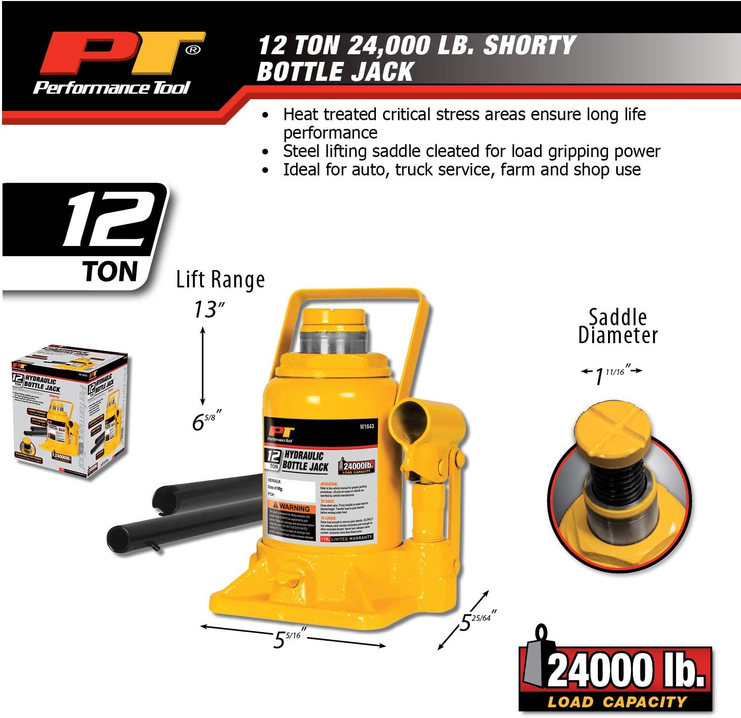Performance Tool W1643 12 Ton (24,000 lbs.) Heavy Duty Shorty Bottle Jack: Automotive