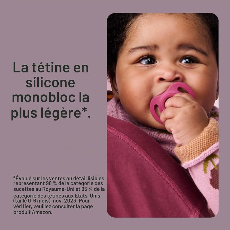 Sucette Ultra-légère Toujours en Place, 6-18 Mois, Lot de 4, Tétine Orthodontique, Conception Monobloc en Silicone
