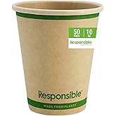 Responsible Products Certified Compostable 10 oz Paper Cups, Cold & Hot Coffee Cups, Disposable Paper Cups, Extra Strength Disposable Cups, Made without PFAS (50 count)