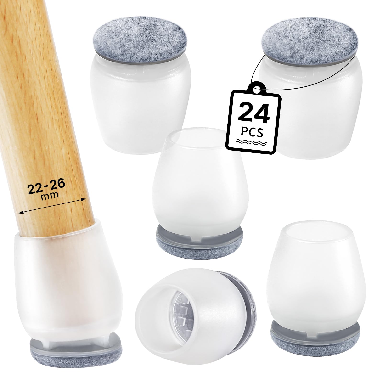 RCHYFEED Chair Leg Floor Protectors, 24Pcs Transparent Chair Feet Cover with Wrapped Felt, Chair Leg Protectors for Hardwood Floors, Furniture Feet Protectors Pads (Fit:22-26mm)