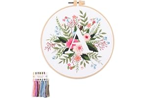 artcici Embroidery Kits Plant Flower Leaf English Letter Patterns for Beginners Adults, Full Range Embroidery Starter Kits Cross Stitch Needlework Supplies (Letter A)