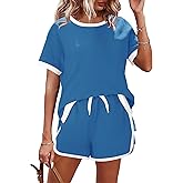 AKEWEI Shorts Sets Women 2 Piece Outfits Casual Short Sleeve Crewneck Tops and Drawstring Shorts Color Block Sets