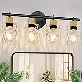 MOKATNG Bathroom Light Fixtures, 4-Light Coastal Vanity Lights with Crystal Glass Shade, Black Bathroom Wall Lamp for Mirror 