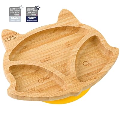 bamboo bamboo Baby Plates with Suction - Toddler Fox Cub Suction Plate, Stay Put Feeding Plate, Natural Bamboo (Yellow)