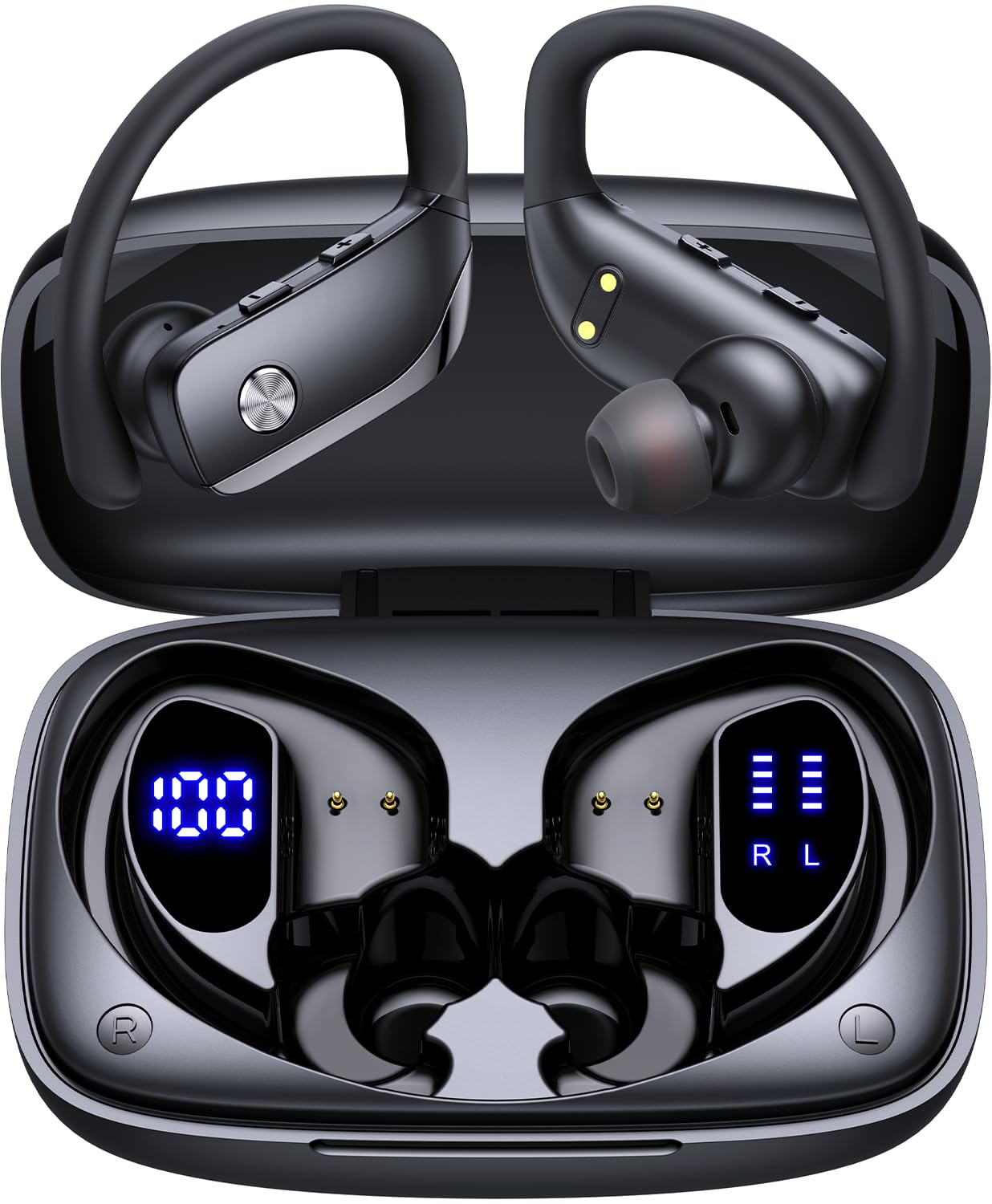 bmani Wireless Earbuds Bluetooth Headphones 80hrs Play Back Sport Earphones with LED Display Over-Ear Buds with Earhooks Built-in Mic Headset for Workout Black