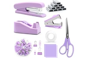UPIHO Purple Desk Accessories Set, Rotating Pen Holder, Stapler, Tape Dispenser, Scissors, Office Supplies, School, Home
