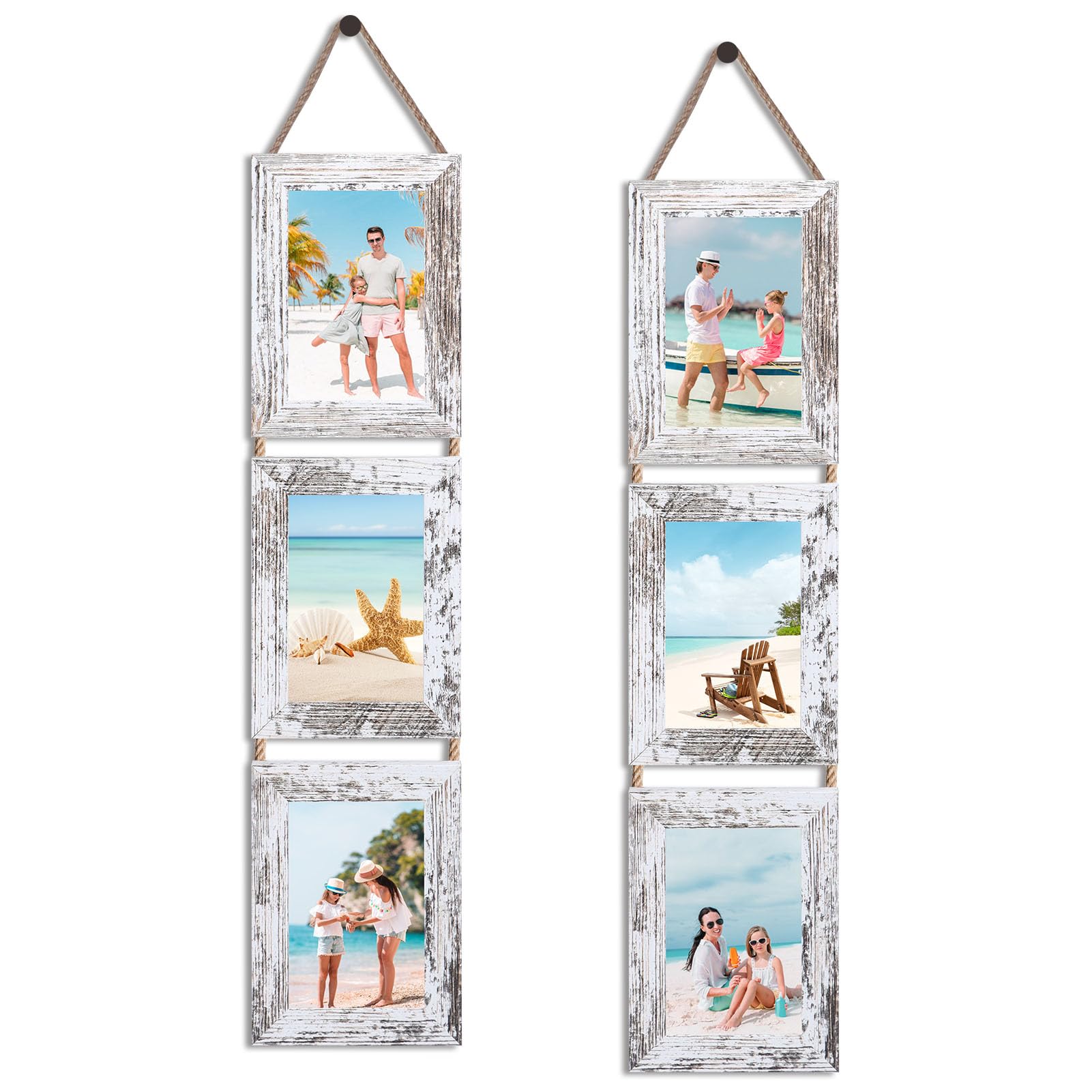 Photo 1 of QUTREY Collage Picture Frames 4x6, 6 Openings Hanging Photo Frame Set for Vertical 4 by 6 inch Pictures for Wall, Distressed White, 2 Pack