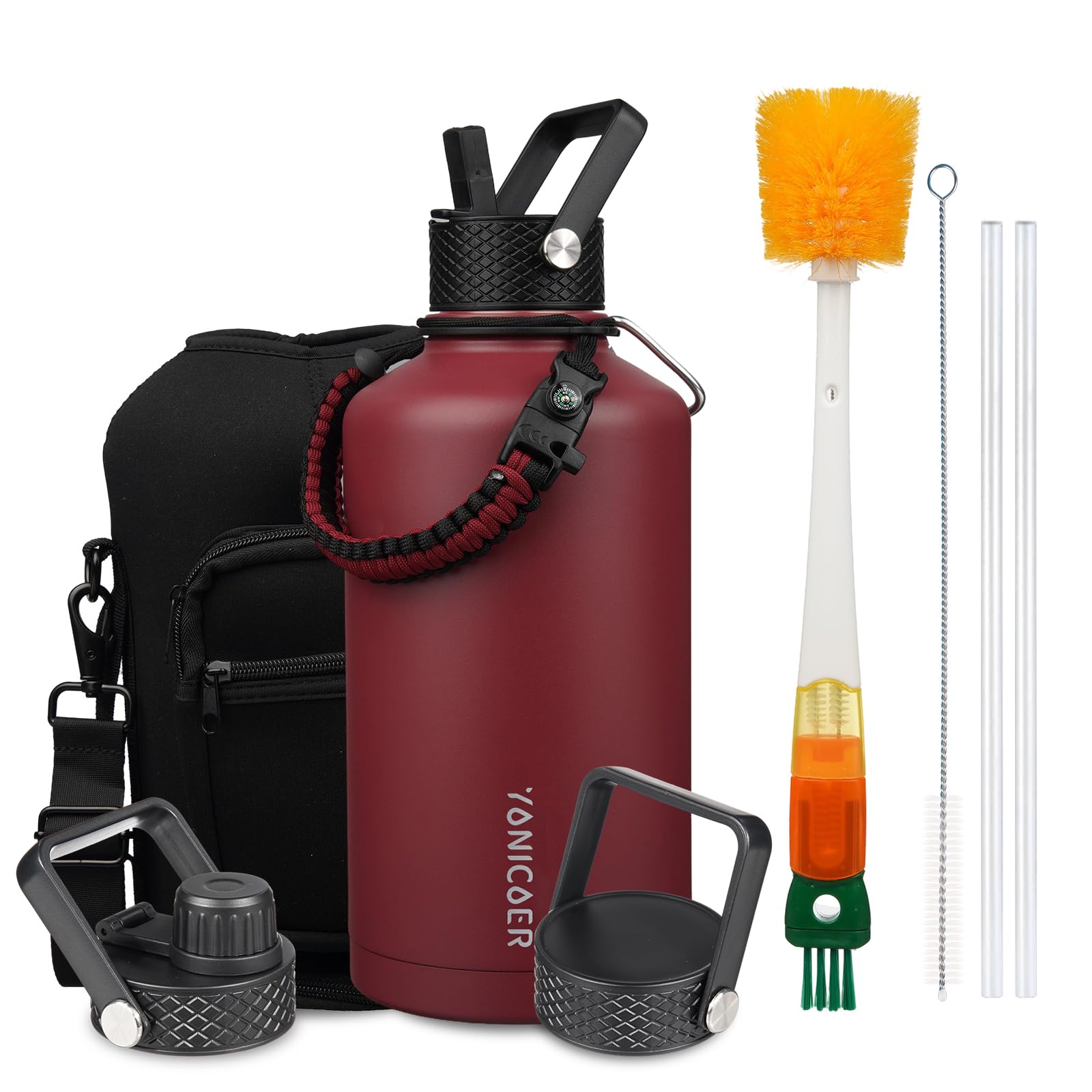 YONICOER Insulated Water Bottle 87oz,Triple Wall Vacuum Stainless Steel(Dishwasher Safe),Leak Proof & Non-BPA,Flask Jug with Paracord Handle & Straw Spout Lids Sports Red Image