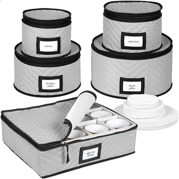 CHINA STORAGE CONTAINERS 5-PIECE SET MOVING BOXES FOR DINNERWARE, GLASSES, PLATES, MUGS AND SAUCERS STURDY QUILTED MICROFIBER DISH ORGANIZER WITH DIVIDERS FOR SEASONAL STORAGE – HOLDS SET OF 12, GRAY