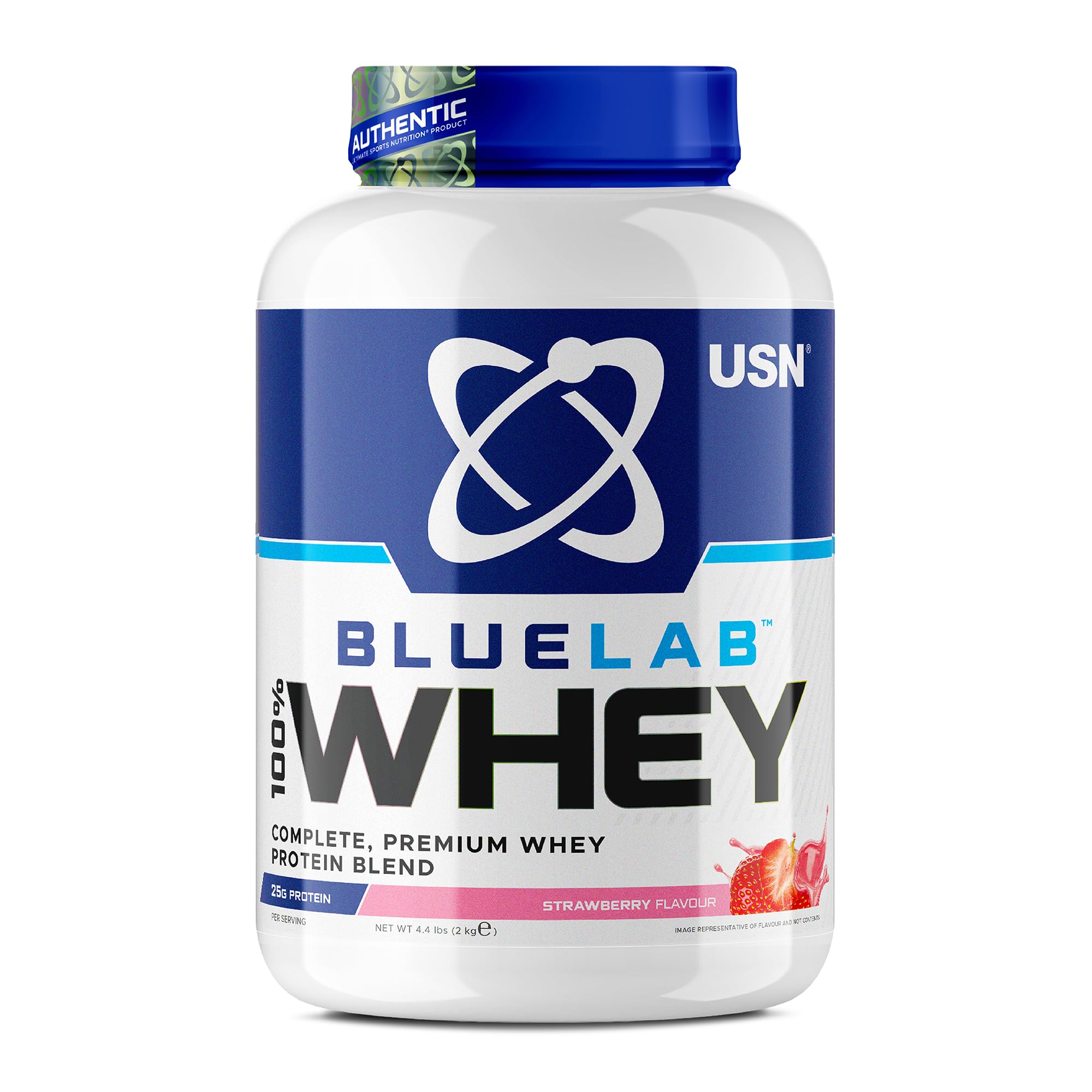 USN BlueLab 100% Whey Protein Powder 2kg (58 Servings) - 25g Protein - Whey Isolate, Hydrolysate & Concentrate Blend - High Protein Shake for Muscle Growth & Recovery - Strawberry