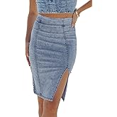 HERBATOMIA Women’s Denim Pencil Skirt High Waisted Knee Length Side Split Hem Stretch Jean Skirts for Women