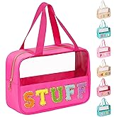 eurovicky Chenille Letter Patch Clear Makeup Bag, Preppy PVC&Nylon Makeup Bag with Handle and Zipper, Waterproof Large Clear Travel Toiletry Bag Storage Bag for Women