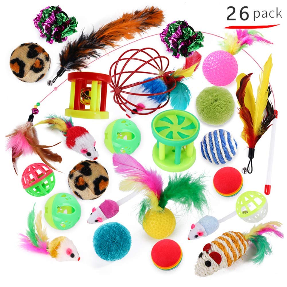 PoPoint 26 pcs Cat Toys Kitten Toys Assortments，Cotton mice Cat Wand Rainbow Ball Bell Ball Crinkle Ball Feather for Cat Puppy Kitten